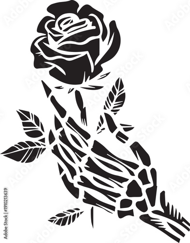 Skull hand and rose Silhouette vector black on a white background