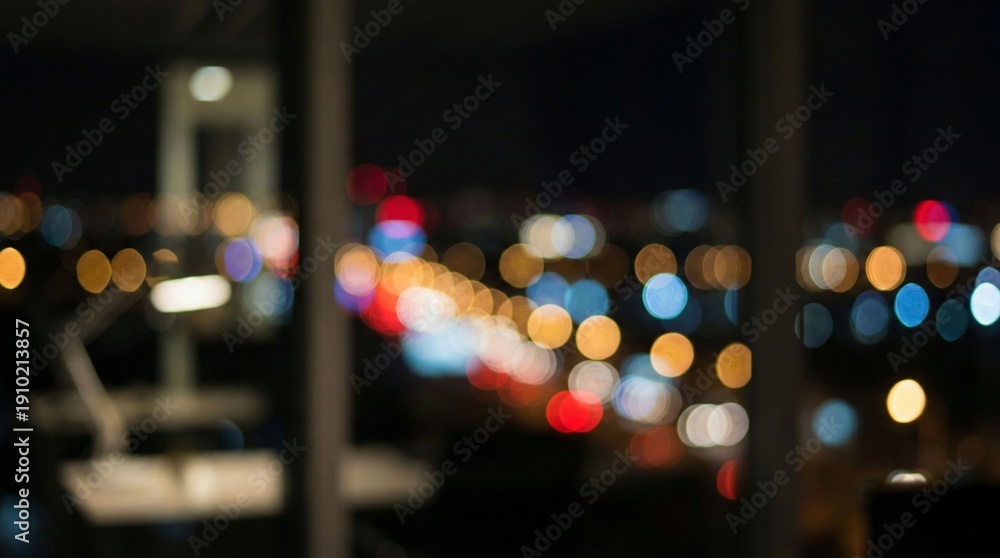 Obraz premium Abstract Blurred City Lights at Night from an Office Window with Colorful Bokeh
