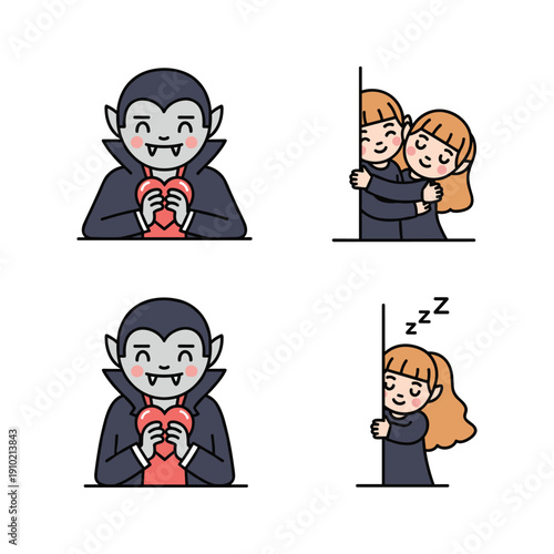Cartoon vampire hypnotizing woman in dark cloak with copy space