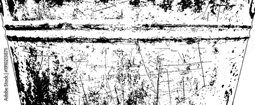 Black and white grunge vector texture of scratched rusty metal bucket surface distressed overlay graphic element