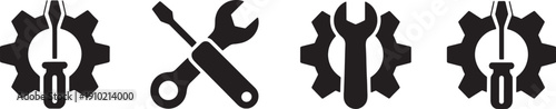 Four black silhouettes of tools and gears on white background