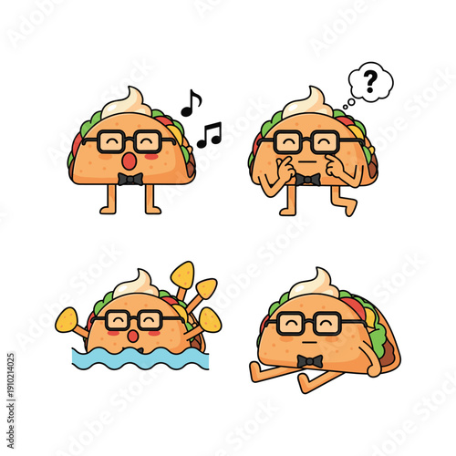 Taco character set with different emotions and actions in a cartoon style