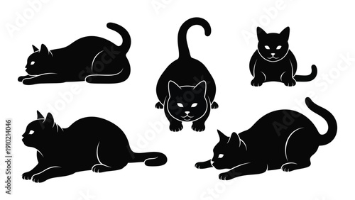Five black cats in various poses on a white background isolated on white background, Vector