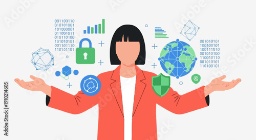 Flat illustration of faceless woman with short black hair wearing coral coat protecting digital data symbols, cybersecurity concept