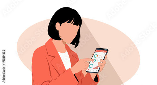 Flat illustration of faceless woman with short black hair wearing coral coat using smartphone showing mobile banking dashboard