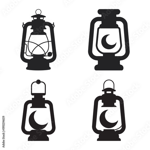 Four black silhouettes of various lanterns, including designs with a prominent crescent moon symbol