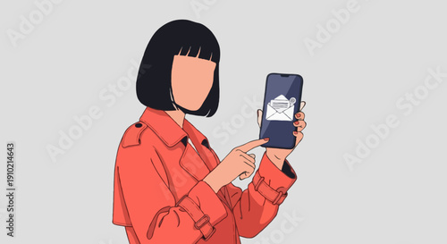 Flat illustration of faceless woman with short black hair wearing coral coat checking email notification on smartphone