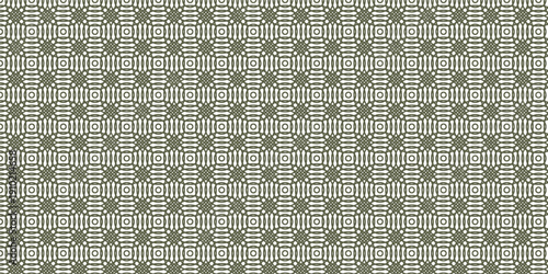 Geometric seamless pattern with interconnected circles and squares in olive green and white.