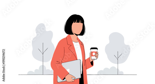 Flat illustration of faceless woman with short black hair wearing coral coat walking with laptop and coffee cup, remote work concept