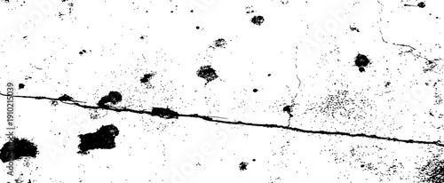 Black and white vector grunge texture with large crack and distressed speckles Vintage dirty wall damage overlay background element