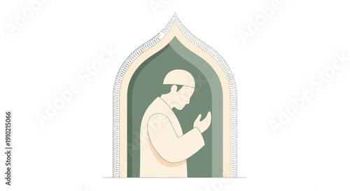Muslim Man Praying and Making Dua in Mosque Arch Illustration for Ramadan and Eid Mubarak Background
