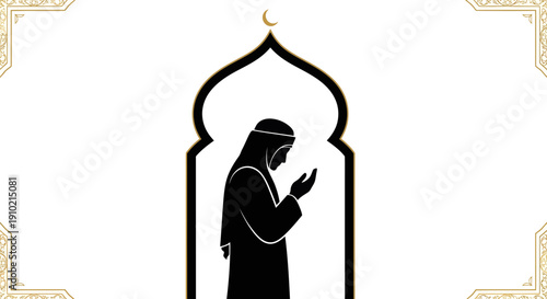 Islamic Silhouette of Man Praying Dua in Mosque Arch with Golden Ornament for Ramadan Kareem and Eid Mubarak Background