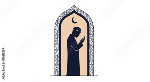 Silhouette of Muslim Man Praying in Islamic Arch with Crescent Moon for Ramadan and Eid Background