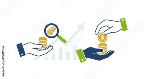 Hands exchanging coins with magnifying glass and growing graph symbolizing financial analysis and investment growth