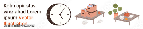 Time management, organization tools, office settings, productivity concepts, workspace designs, business essentials. Clock, file boxes and a desk with plant and accessories. Time management
