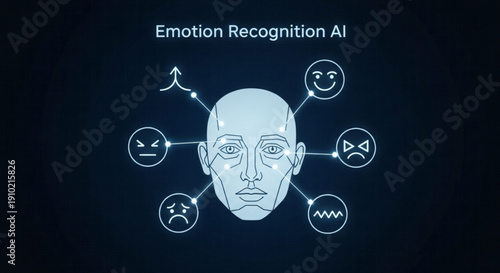 Emotion recognition ai concept with human face and emoticon symbols on dark background