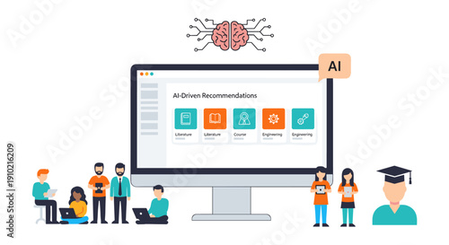 Diverse group of students and professionals engaging with an AI-driven recommendations system on a large desktop monitor, symbolizing modern education and business innovation.