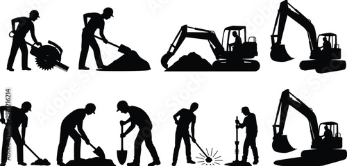 Construction and excavation worker silhouettes operating heavy machinery and manual tools, industrial building process concept, labor activities, engineering work stages, black vector illustration