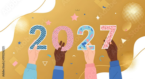 Hands Holding 2027 Numbers, Happy New Year Celebration Concept Illustration