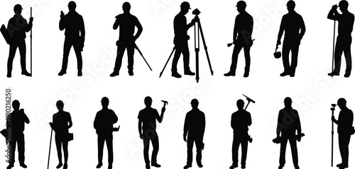 Construction worker silhouette set showing builders, engineers, surveyors and laborers with tools isolated on white background for industry, workforce, safety and job concepts