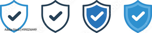 Blue and white shield icons with checkmarks  security symbols
