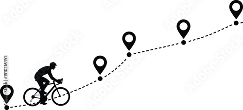 Cyclist riding bicycle along route with map location pins and dotted path isolated on white background symbolizing navigation, journey planning and progress concept