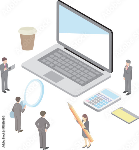 Office Work Efficiency Concept. Isometric Material with Business People, PC,