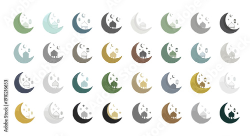Panda moon phases icon collection. Includes 32 panda bear illustrations in various colors. Created in vector style with colorful palette.