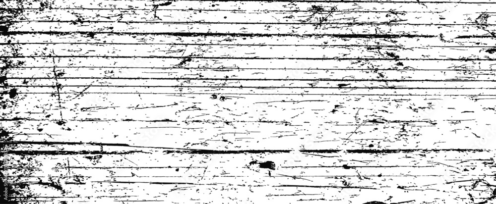 Fototapeta premium Grunge scratched overlay texture background vector Distressed horizontal wood planks effect Black and white vintage screen decay graphic resource