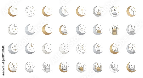 vector set of lunar phases icons in gold and white on transparent background