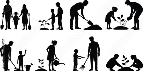 Family gardening silhouette collection showing parents and children planting, watering, and caring for young plants, environmental education concept, sustainability, growth stages, outdoor activity 