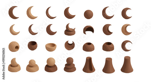 Collection of assorted wooden chess pawns in various shades of brown isolated on transparent background