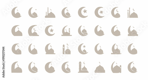 Set of vector icons featuring various crescent moon phases and stylized night sky elements in beige on transparent background