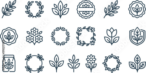 Versatile Collection of Botanical Line Art Icons for Organic Products and Nature-Inspired Branding Designs