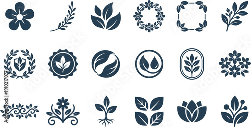 Elegant Collection of Stylized Botanical Vector Icons for Organic and Eco-Friendly Branding, Featuring Diverse Leaves and Floral Elements