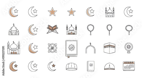 Vector icons of Ramadan symbols and mosque architecture isolated on transparent background