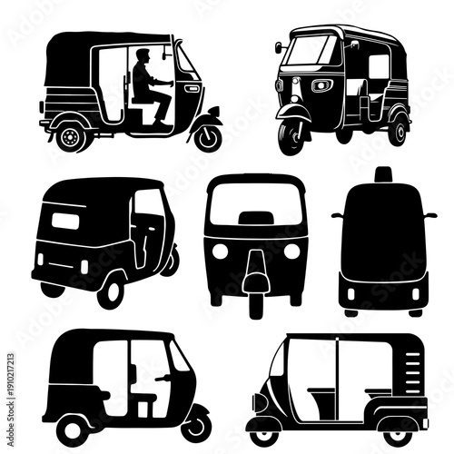 Auto rickshaw illustration three wheeler silhouette Vector set
