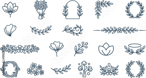 Charming Vector Collection of Elegant Botanical Line Art Elements, Perfect for Wedding Invitations, Logos, and Branding Design Projects