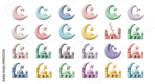 Collection of colorful crescent moon and castle vector icons, isolated on transparent background