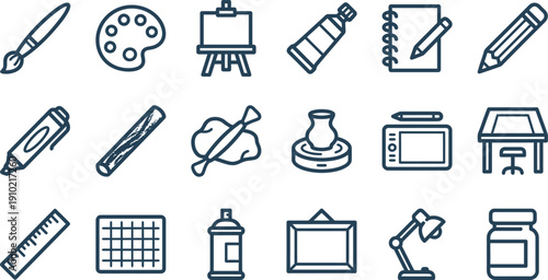 Essential Art and Craft Supplies Icon Set Drawing Tools, Painting Equipment, and Studio Objects in Line Style