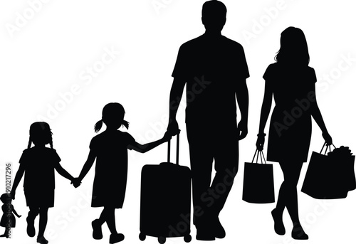 Family travel silhouette with parents and children walking together, carrying luggage and shopping bags, vacation journey concept, tourism lifestyle, togetherness, black vector illustration