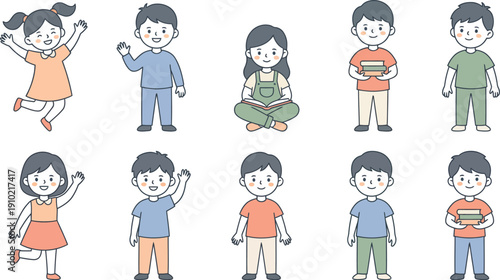 Vibrant Collection of Happy School Children Illustrations Diverse Youngsters Engaging in Play and Study Activities