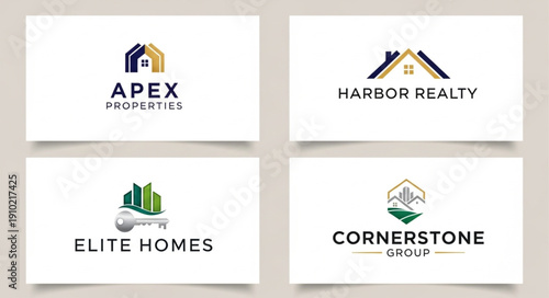Collection of Real Estate Company Logos with Houses and Keys.