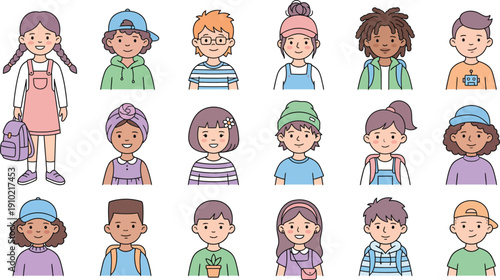 Colorful Collection of Diverse Cartoon Children's Avatars Representing Youthful Diversity and Inclusivity