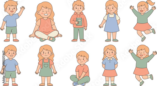 Cheerful collection of diverse cartoon children in various playful poses, ideal for educational designs and youth-focused content