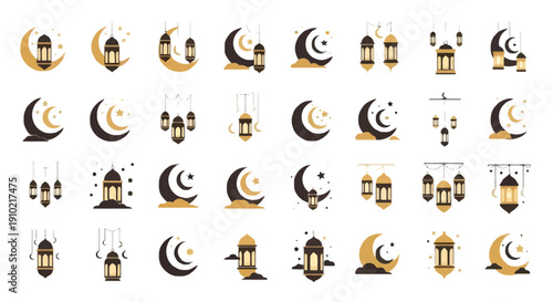 Vector set of golden crescent moon and lantern icons in black and gold, isolated on transparent background