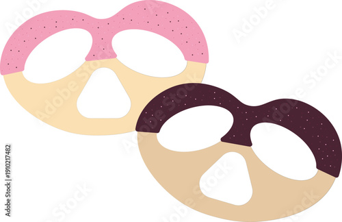 Flat vector illustration of two sweet pretzels with colorful icing glaze. One pretzel topped with pink frosting and sprinkles, the other with chocolate glaze.