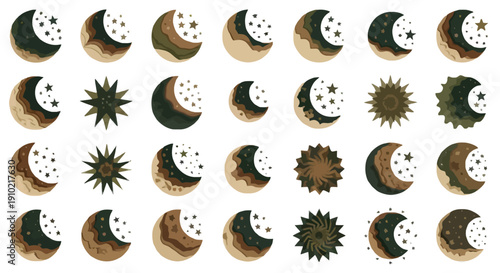 Vector illustration of various moon phases and sunbursts in shades of brown, white, and black on a transparent background