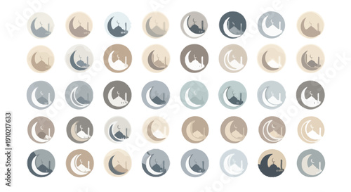 Collection of 40 metallic and glass buttons in various shades of beige, blue, and gray, isolated on transparent background