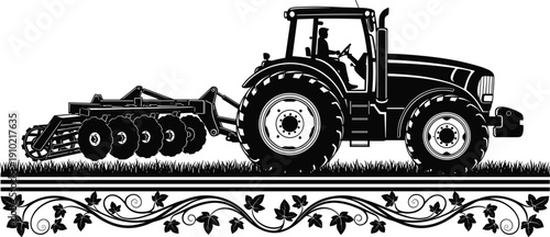 Agricultural tractor with disc harrow and decorative vine border detailed farm machinery vector illustration isolated on white background